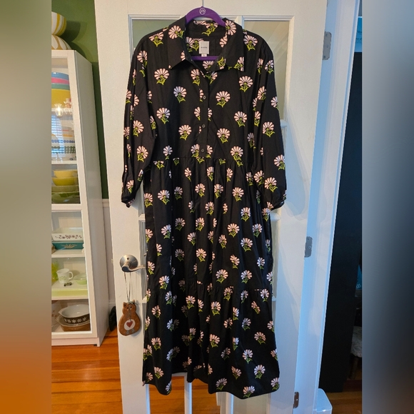 Anthropologie Maeve Black Midi Dress with Pink & Green Floral Print - Size XL - Picture 5 of 9